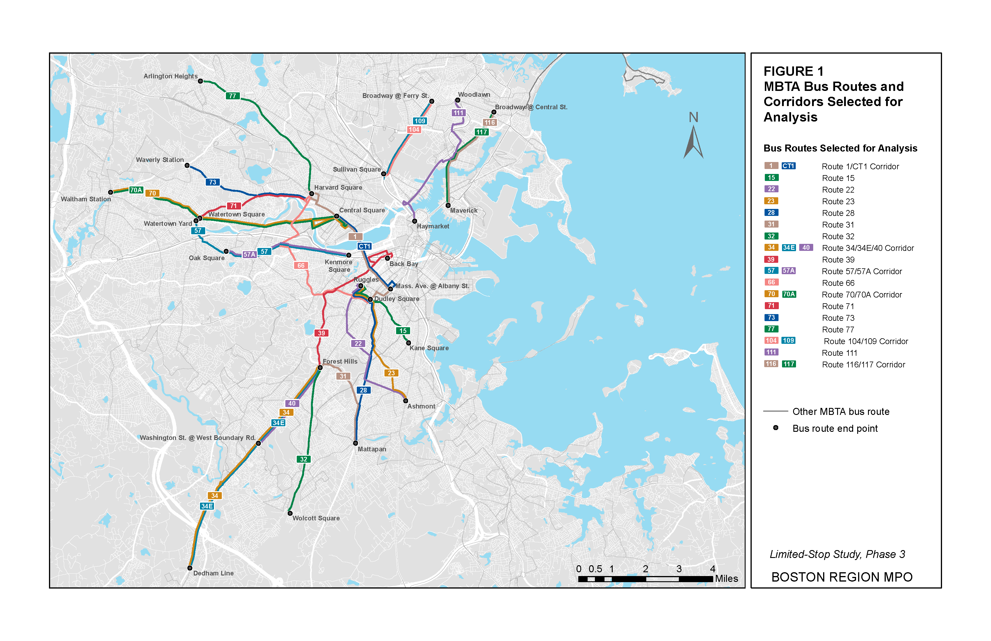 Figure 1. MBTA Bus Routes and Corridors Selected for Analysis. This figure is a map of the selected local MBTA routes and corridors selected for evaluation of limited-stop service potential: bus Routes 15, 22, 23, 28, 31, 32, 39, 66, 77, and 111, trackless trolley Routes 71 and 73, and corridors in which Routes 34/34E/40, 57/57A, 70/70A, 104/109, and 116/117 operate.